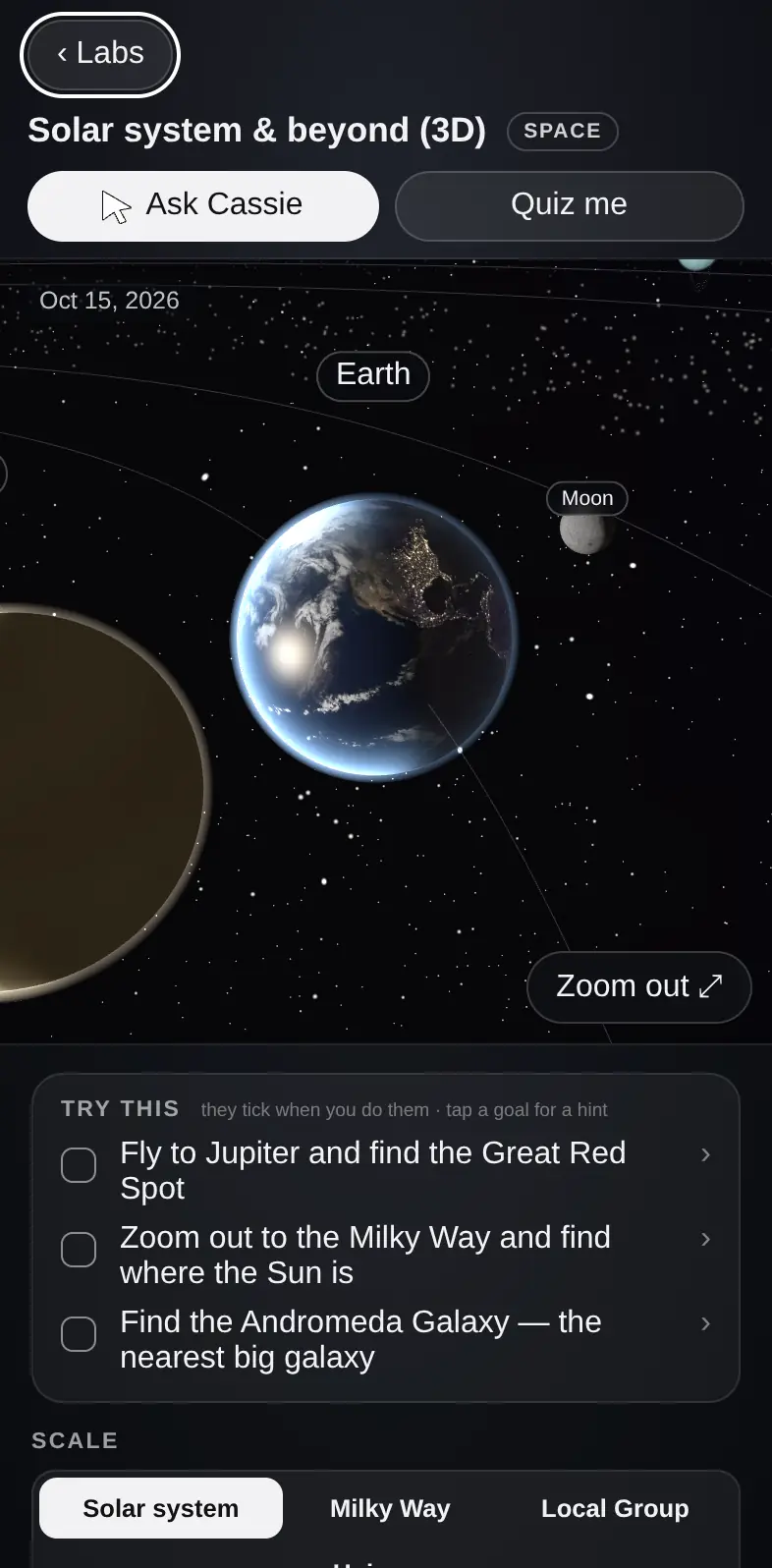 Earth in the 3D solar system on a phone